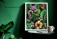 Load image into Gallery viewer, Tropical Flowers Print – Jungle Botanical Art Lotus, Hibiscus and Frangipani
