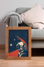 Load image into Gallery viewer, Vintage Space Race Astronaut Print – Retro Navy and Red Space Poster
