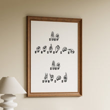 Load image into Gallery viewer, Be strong be kind fingerspelled in American Sign Language with black illustrated hands and letter labels on a white background

