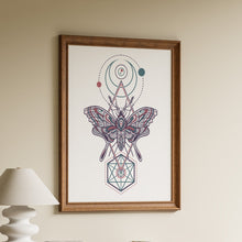 Load image into Gallery viewer, Illustrated moth with crescent moon, planets and sacred geometry lines in teal and berry on a white background in a wooden frame
