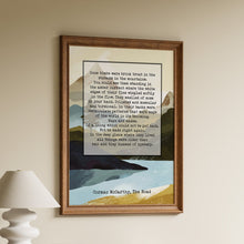 Load image into Gallery viewer, Framed Cormac McCarthy quote print from The Road about brook trout, over a mountain and lake landscape
