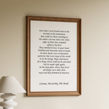 Load image into Gallery viewer, Framed Cormac McCarthy quote print from The Road about brook trout, in black script on a white background
