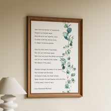 Load image into Gallery viewer, Dear Lord and Father of Humankind hymn by John Greenleaf Whittier in black typewriter lettering beside watercolor eucalyptus on white
