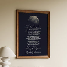 Load image into Gallery viewer, Framed Emily Dickinson poem print "The Moon was but a Chin of Gold" over a navy sky with a realistic moon photograph
