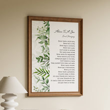 Load image into Gallery viewer, Framed "Advice to a Son" poem print by Ernest Hemingway beside trailing green botanical leaves
