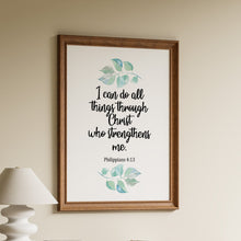 Load image into Gallery viewer, I can do all things through Christ who strengthens me, Philippians 4:13, in black script between mint and sage watercolor leaves

