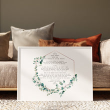 Load image into Gallery viewer, I Carry Your Heart With Me poem by E.E. Cummings in typewriter lettering inside a copper geometric frame with watercolour eucalyptus
