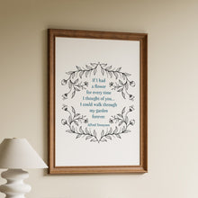 Load image into Gallery viewer, Romantic quote print "if I had a flower for every time I thought of you" with black floral line art wreath
