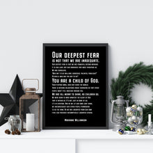 Load image into Gallery viewer, Our Deepest Fear Marianne Williamson Feminist Art Wall Art self respect quote for Bedroom decor or office decor UNFRAMED
