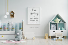 Load image into Gallery viewer, Peter Pan Quote Print – Keep Adventuring Wall Art – Whimsical Black and White Nursery Poster – Playroom or Kids Bedroom Decor
