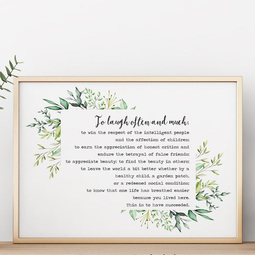 To Laugh Often and Much Ralph Waldo Emerson Quote - This is to have succeeded - Horizontal Print for library decor office Art dorm decor