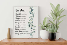 Load image into Gallery viewer, Bible Verse Affirmation Print You Are... Beautiful, Victorious, Enough, Created, Strong, Amazing, Capable, Chosen, Never Alone, Loved
