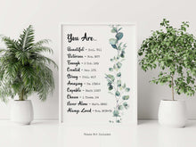 Load image into Gallery viewer, Bible Verse Affirmation Print You Are... Beautiful, Victorious, Enough, Created, Strong, Amazing, Capable, Chosen, Never Alone, Loved
