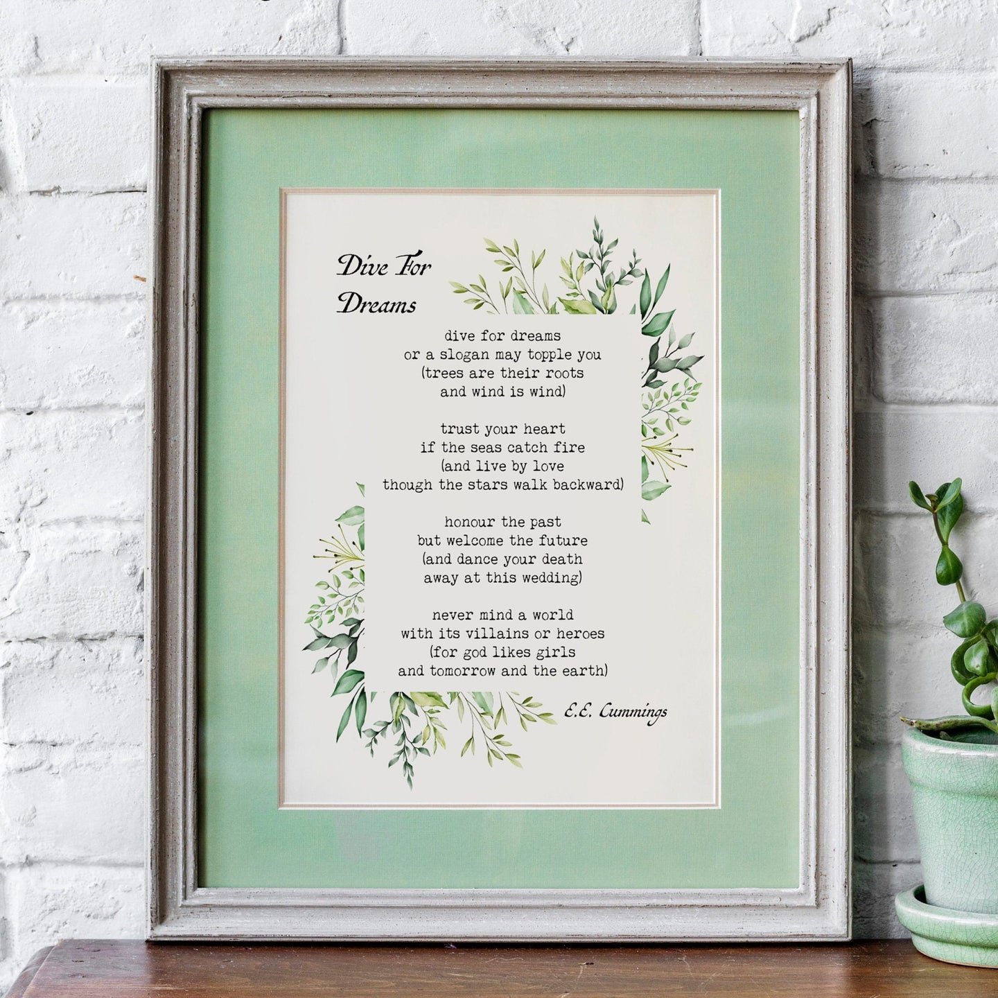 Dive for Dreams Poem Print, E. E. Cummings Quote Wall Art, Literary Decor, Poetry Lover Gift, Inspirational Poem Print, Bookish Home Decor