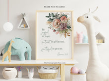 Load image into Gallery viewer, Romans 12:12 NIV - Bible Verse Wall Art, Floral Christian Decor - Be joyful in hope, patient in affliction, faithful in prayer - Unframed

