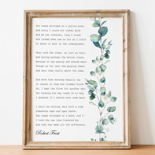 Robert Frost Poem - The Road Not Taken - Two Roads Diverged In A Wood - Watercolor Eucalyptus Print - UNFRAMED