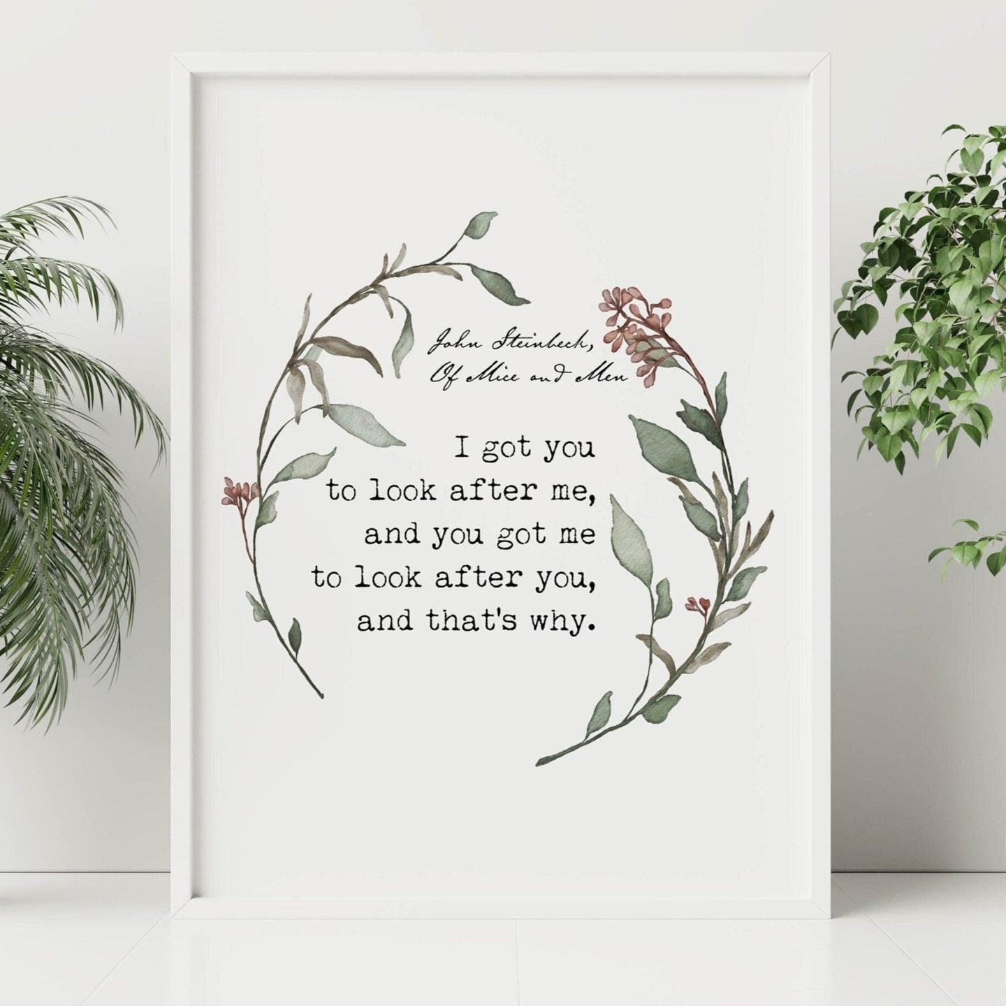 John Steinbeck Quote Print – Of Mice and Men Art, Literary Wall Decor, Friendship Quote, Vintage Book Lover Gift, Watercolor Wreath