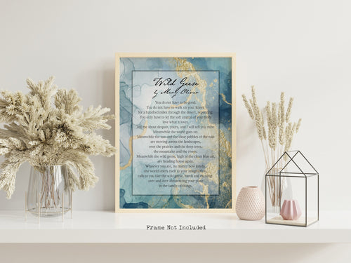 Wild Geese Poem Poster Print - Mary Oliver Poem on a blue and gold background - Physical print without frame