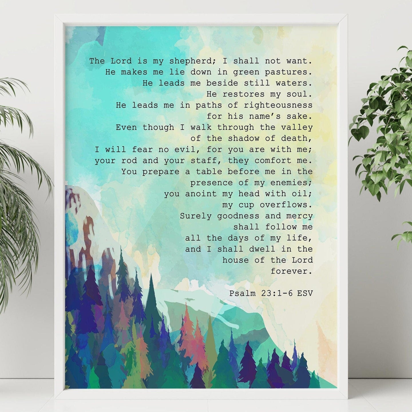 Psalm 23 Wall Art Print – Bible Verse Christian Decor with Watercolour Mountain Landscape, Inspirational Scripture Poster