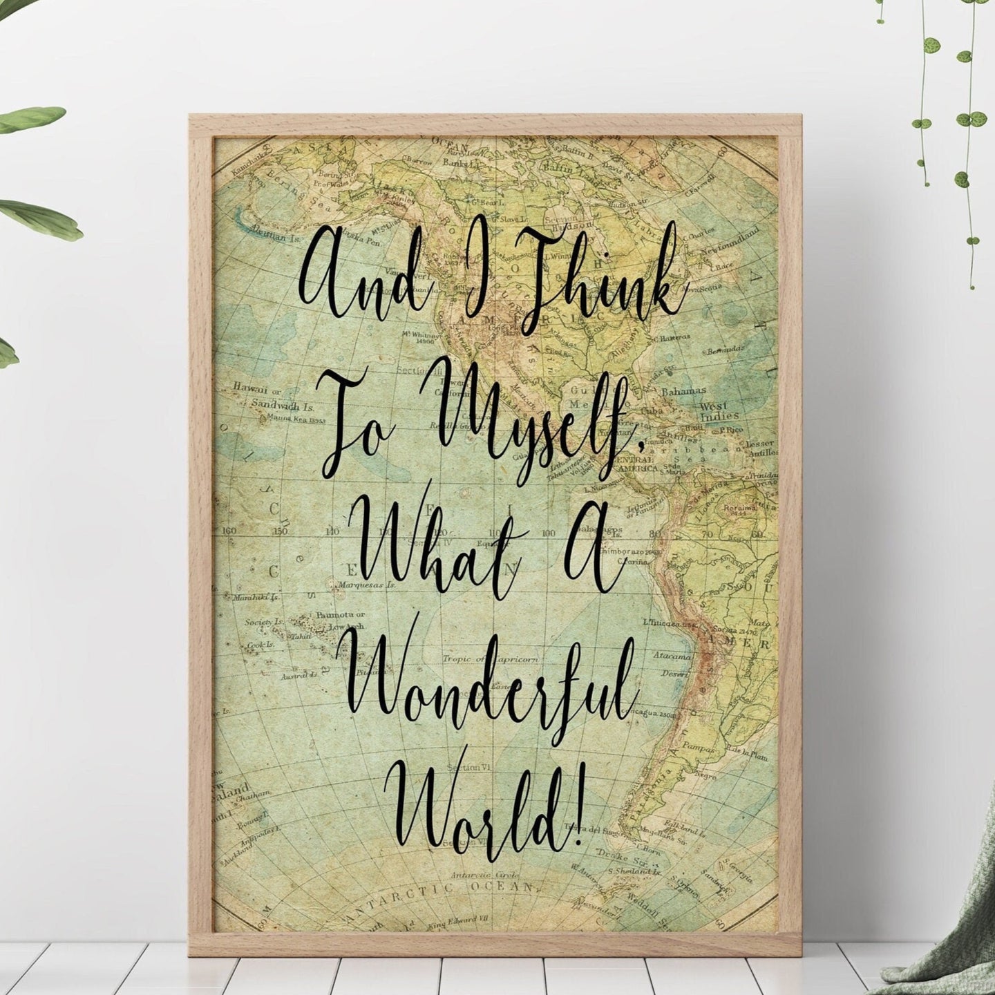 What a Wonderful World Quote Print – Vintage Map Wall Art, Travel Inspired Lyrics Poster, Uplifting Song Lyric Decor, Framed or Unframed