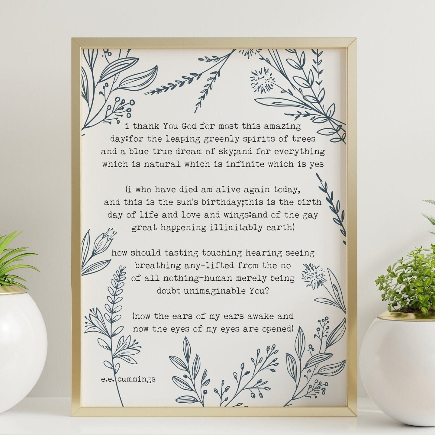 e.e cummings Poem 'i thank You God for most this amazing' with flower line drawings - Physical Print Without Frame