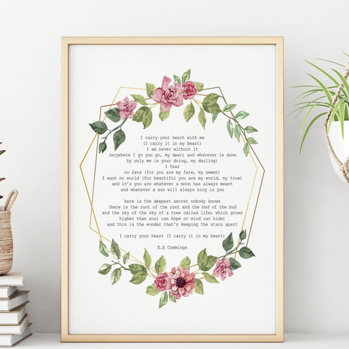 E.E. Cummings Poem I carry your heart (I carry it in my heart) Art Print Home Decor poetry wall art Framed & Unframed Options