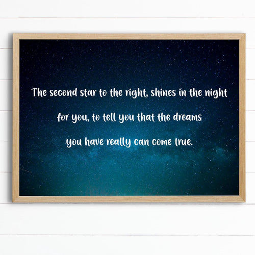 Peter Pan Quote Wall Art - Second Star to the Right Print - Nursery Decor, Kids Room, Adventure Theme, Starry Night Art, Framed or Unframed