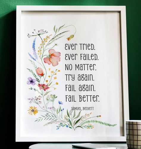 Samuel Beckett Quote Print – Fail Better Poster, Literary Wall Art, Motivational Office Decor, Inspirational Framed or Unframed Print