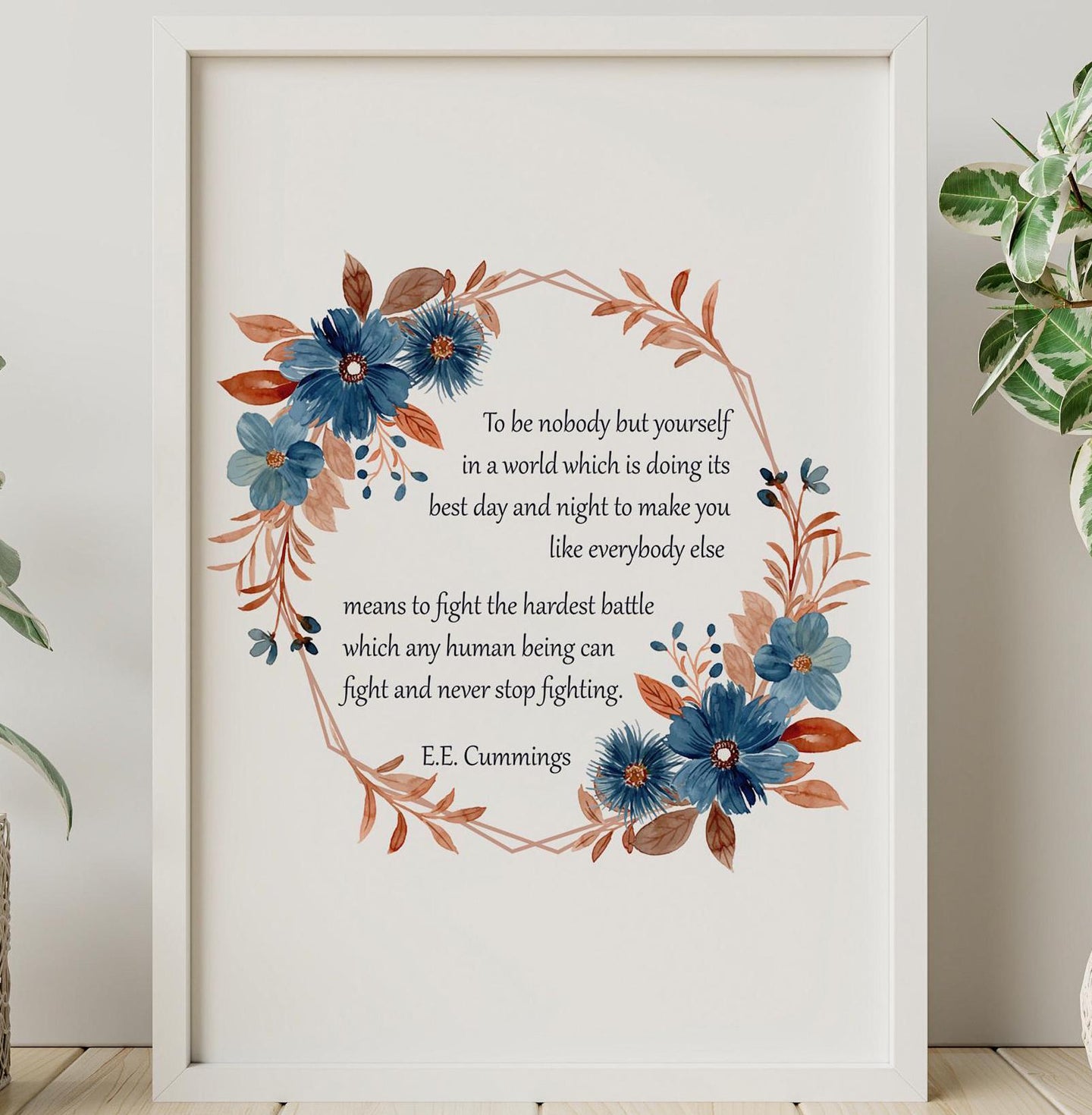E.E. Cummings Quote Print - Inspirational Wall Art - Be Yourself Poster - Literary Decor - Watercolor Wreath Poetry Print Framed Or Unframed