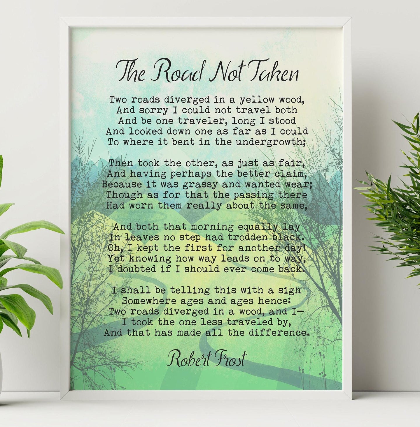 Robert Frost The Road Not Taken Poem Print – Literary Wall Art, Inspirational Poetry Print, Framed or Unframed, Gift for Writers, Thinkers