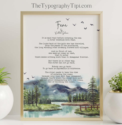 Kahlil Gibran Fear Poem Print – Watercolor River Landscape – Inspirational Literary Wall Art – Motivational Gift – Framed or Unframed