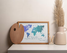 Load image into Gallery viewer, Susan Sontag Travel Quote Print &quot;I haven&#39;t been everywhere...&quot; Geometric World Map Art Wanderlust Wall Decor Adventure Lover Gift
