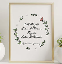 Load image into Gallery viewer, Ruth Bader Ginsburg Quote Not Fragile Like A Flower, Fragile Like A Bomb - Framed And Unframed Options

