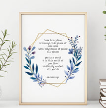 Load image into Gallery viewer, E.E. Cummings Love Poem Print – “Love Is a Place” Wall Art with Floral Wreath, Romantic Literary Decor, Framed or Unframed Poetry Gift
