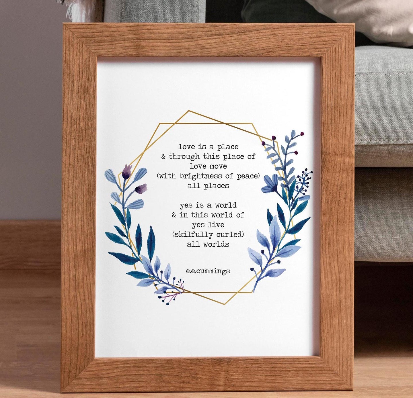 E.E. Cummings Love Poem Print – “Love Is a Place” Wall Art with Floral Wreath, Romantic Literary Decor, Framed or Unframed Poetry Gift