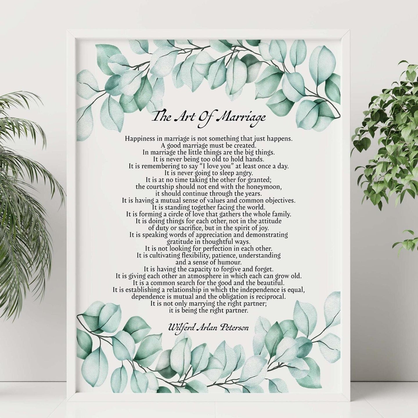 The Art Of Marriage Poem With Eucalyptus Illustration Wedding poem wall art - Ceremony reading - Vow Renewal Reading -