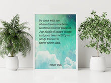 Load image into Gallery viewer, Peter Pan Quote, So come with me where dreams are born - Just think of happy things Minimalist Wall Art UNFRAMED
