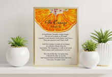 Load image into Gallery viewer, The Orange By Wendy Cope Poetry Poster Print - "I love you. I’m glad I exist" - Framed &amp; Unframed Options

