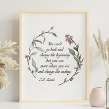 Load image into Gallery viewer, C S Lewis Quote You can&#39;t go back and change the beginning... Book Lover Print C S Lewis poster Framed &amp; Unframed Options
