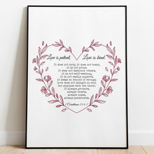 Load image into Gallery viewer, 1 Corinthians 13:4-7 Wall Art – Love Is Patient, Love Is Kind | Christian Scripture Print | Heart-Shaped Bible Verse | Framed or Unframed
