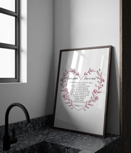 Load image into Gallery viewer, 1 Corinthians 13:4-7 Wall Art – Love Is Patient, Love Is Kind | Christian Scripture Print | Heart-Shaped Bible Verse | Framed or Unframed
