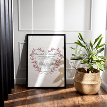 Load image into Gallery viewer, 1 Corinthians 13:4-7 Wall Art – Love Is Patient, Love Is Kind | Christian Scripture Print | Heart-Shaped Bible Verse | Framed or Unframed
