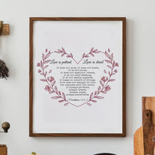 Load image into Gallery viewer, 1 Corinthians 13:4-7 Wall Art – Love Is Patient, Love Is Kind | Christian Scripture Print | Heart-Shaped Bible Verse | Framed or Unframed
