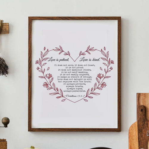 1 Corinthians 13:4-7 Wall Art – Love Is Patient, Love Is Kind | Christian Scripture Print | Heart-Shaped Bible Verse | Framed or Unframed