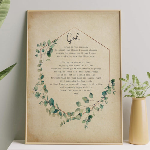 Serenity Prayer Print sobriety gift Alcoholics Anonymous twelve step recovery - Full Prayer- VERSION 2 Framed & Unframed