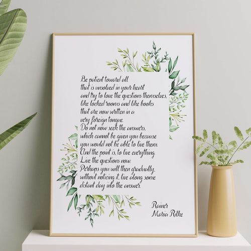 Be patient toward all that is unsolved in your heart Rainer Maria Rilke Wall Art Print - Framed And Unframed Options