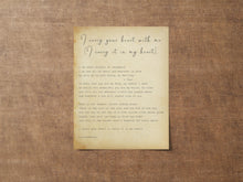 Load image into Gallery viewer, E.E. Cummings Poem I carry your heart (I carry it in my heart) Art Print Home Decor poetry wall art vintage paper dorm decor UNFRAMED
