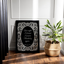Load image into Gallery viewer, Rebecca, Daphne du Maurier, Last night I dreamt I went to Manderley again, Quote Print Literary Wall Art Framed &amp; Unframed Options
