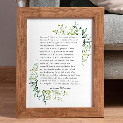 Our Deepest Fear Marianne Williamson Feminist Art Wall Art self respect quote for Bedroom decor or office decor Unframed Print