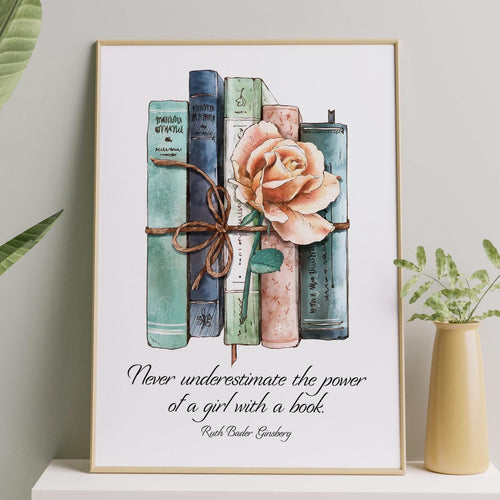 Ruth Bader Ginsburg Wall Art Never underestimate the power of a girl with a book - RBG Print - Framed & Unframed Options